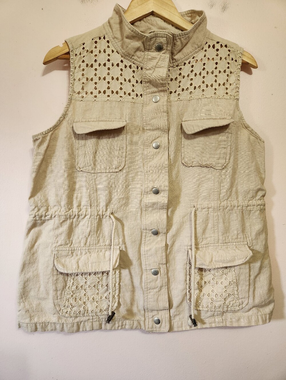 Keren Hart Beige Linen Cotton Utility Vest Eyelet Lace Drawstring Boho XL